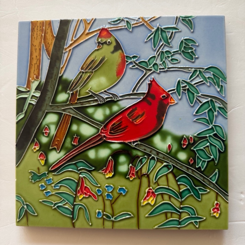 Hand Painted Ceramic Tile Cardinal Birds Art